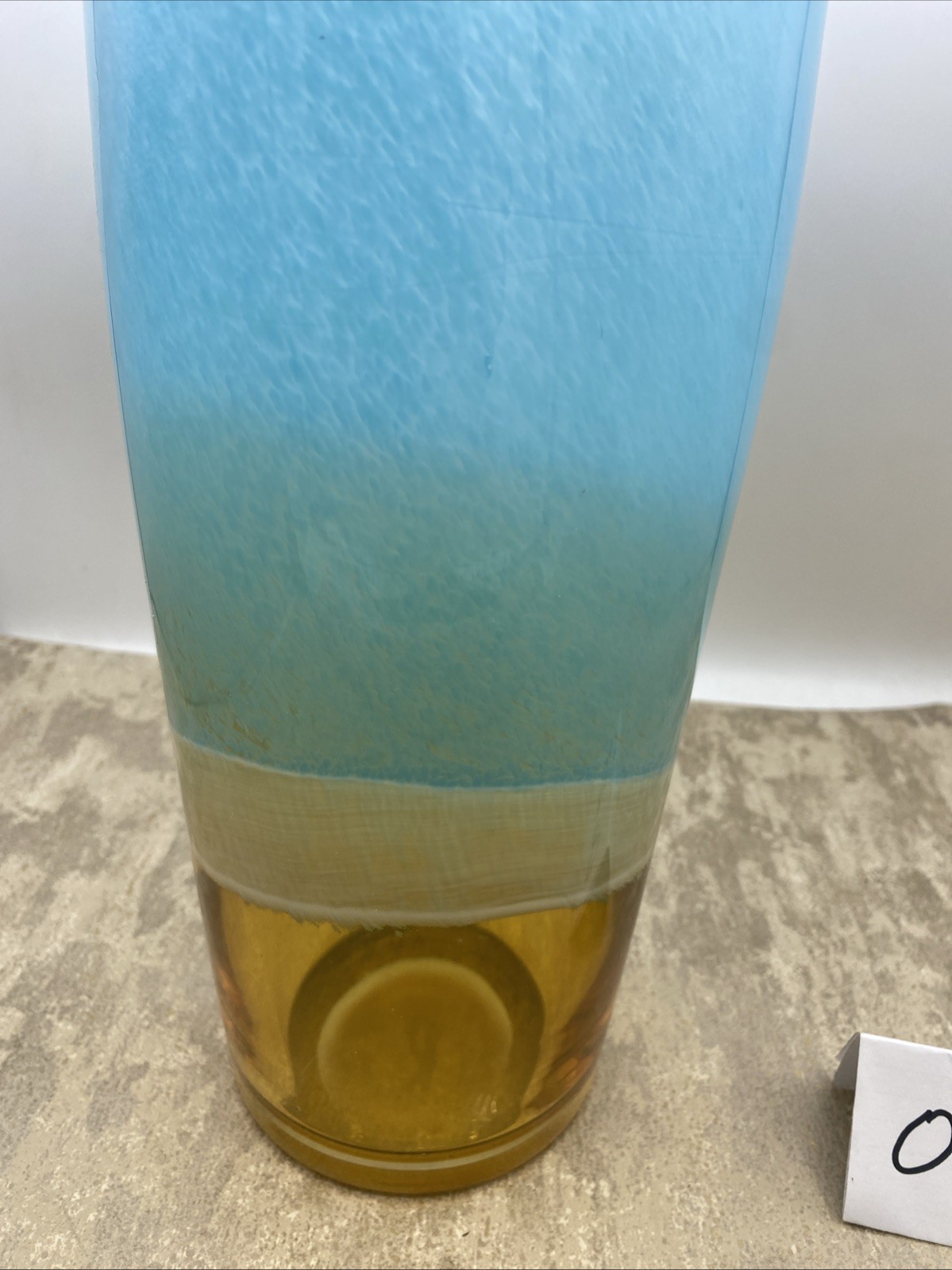 Turquoise, White & Amber Frosted Heavy Hand Blown Glass Vase 4 1/2” D 12 1/2” T