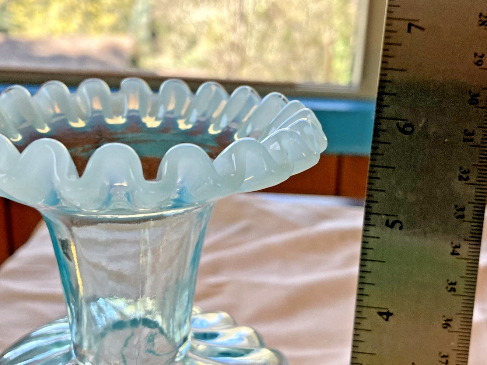 Vintage FENTON Clear Light Blue Melon Spiral Twist Ruffle Top VASE 6 inches