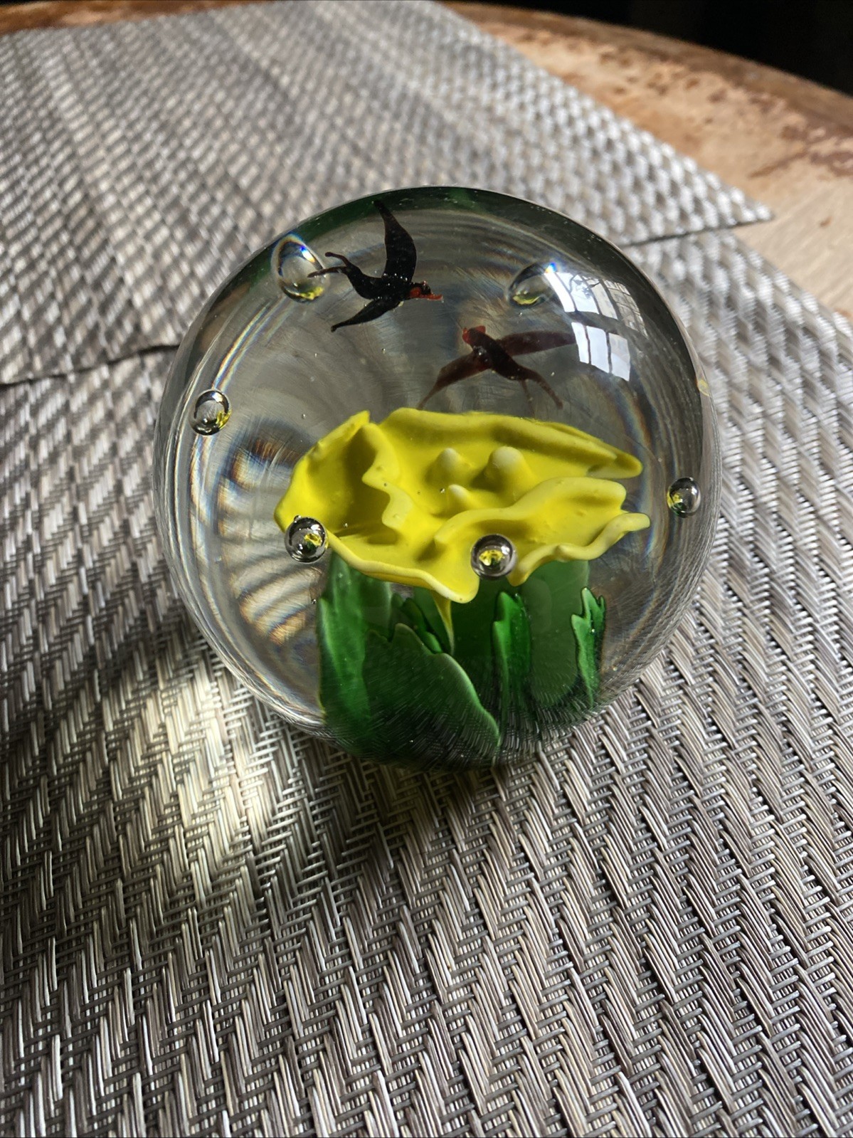 Vintage Art Glass Paperweight With Yellow Flower & Birds