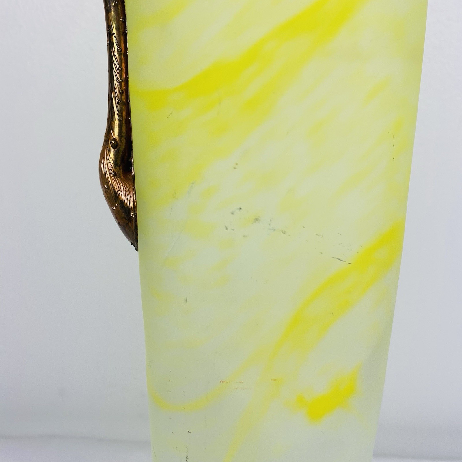 Filip Ravert Style Romblast Frosted Yellow Vase Applied Bronze Into Rim Romania