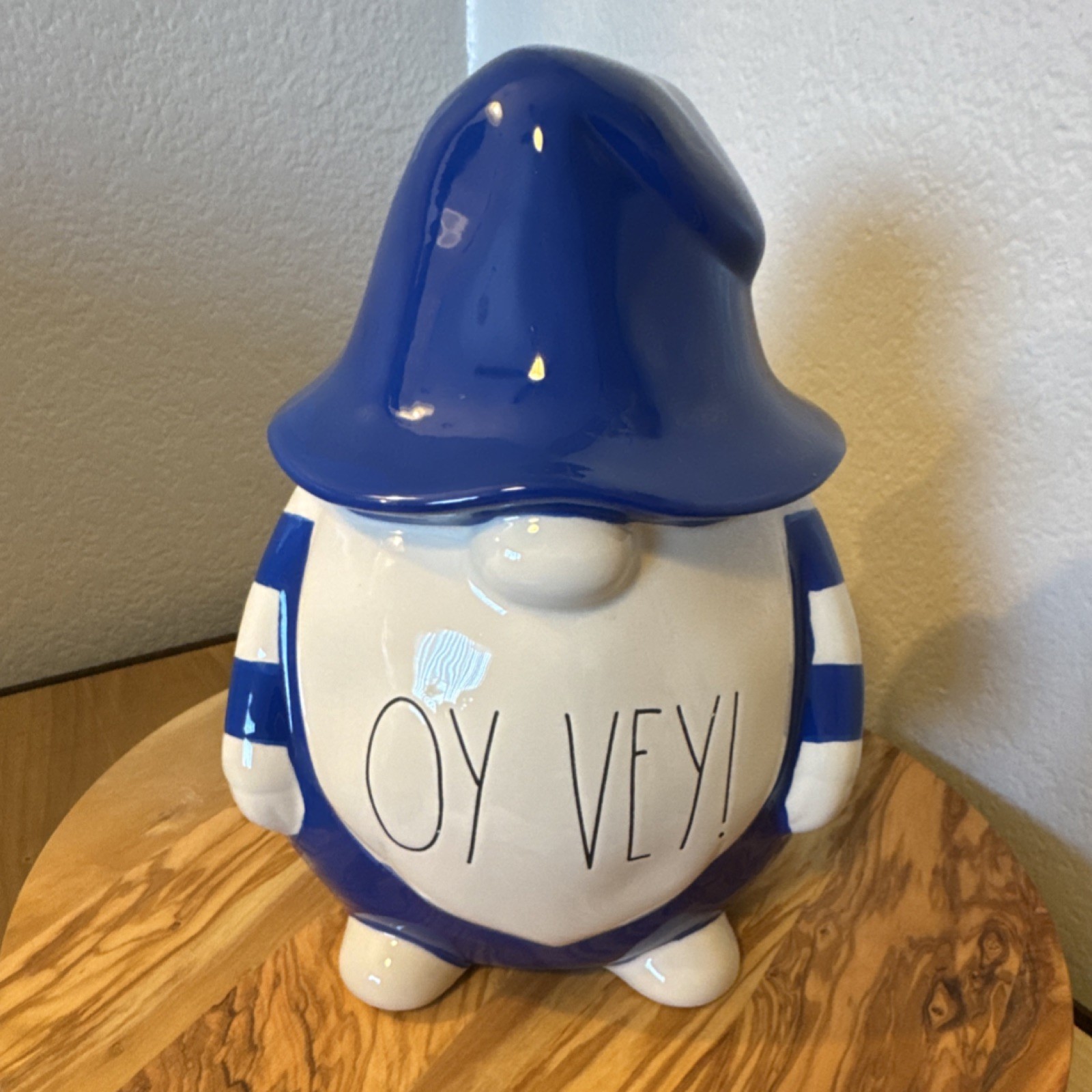 Rae Dunn Artisan Oy Vey Gnome Ceramic Figurine Blue White Striped