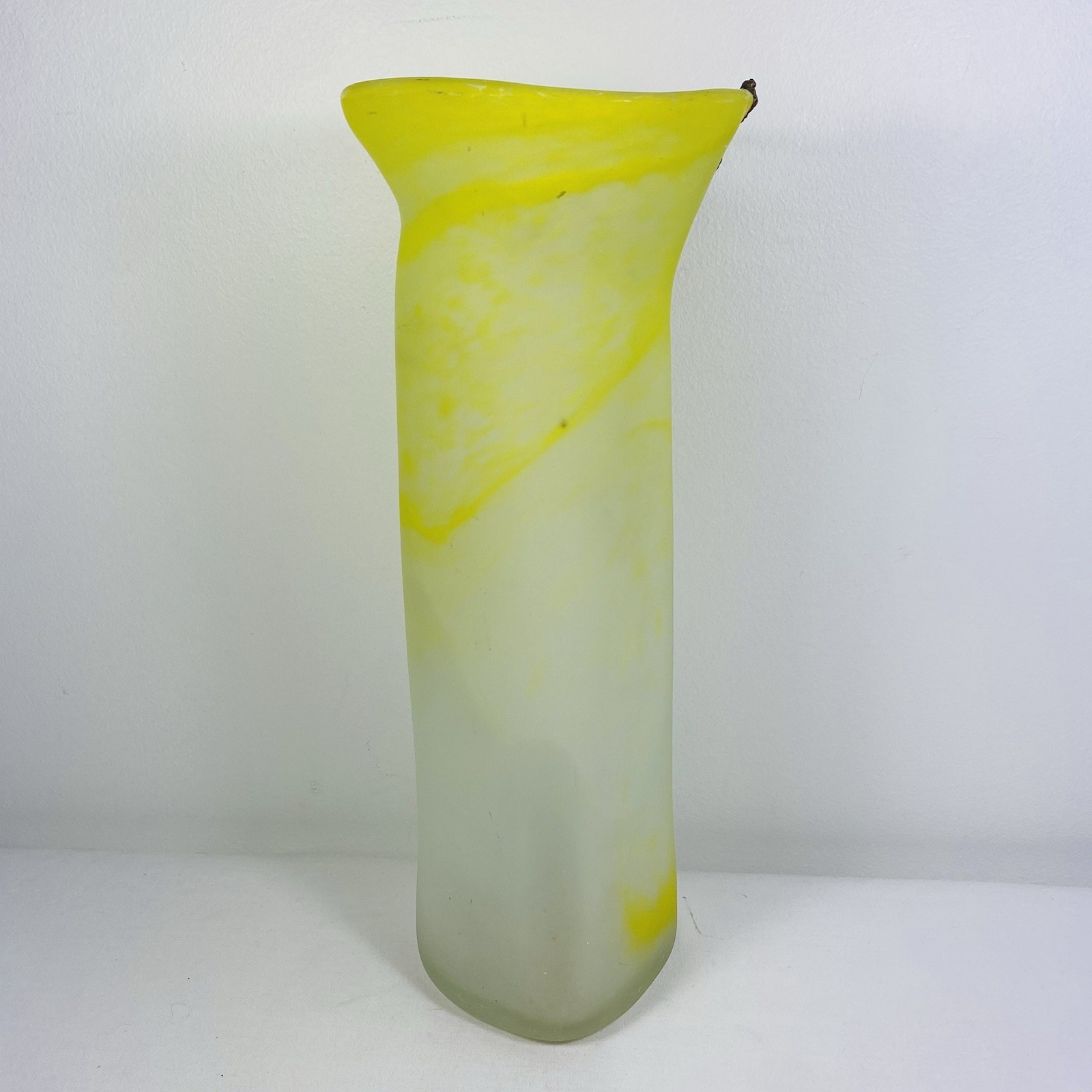 Filip Ravert Style Romblast Frosted Yellow Vase Applied Bronze Into Rim Romania