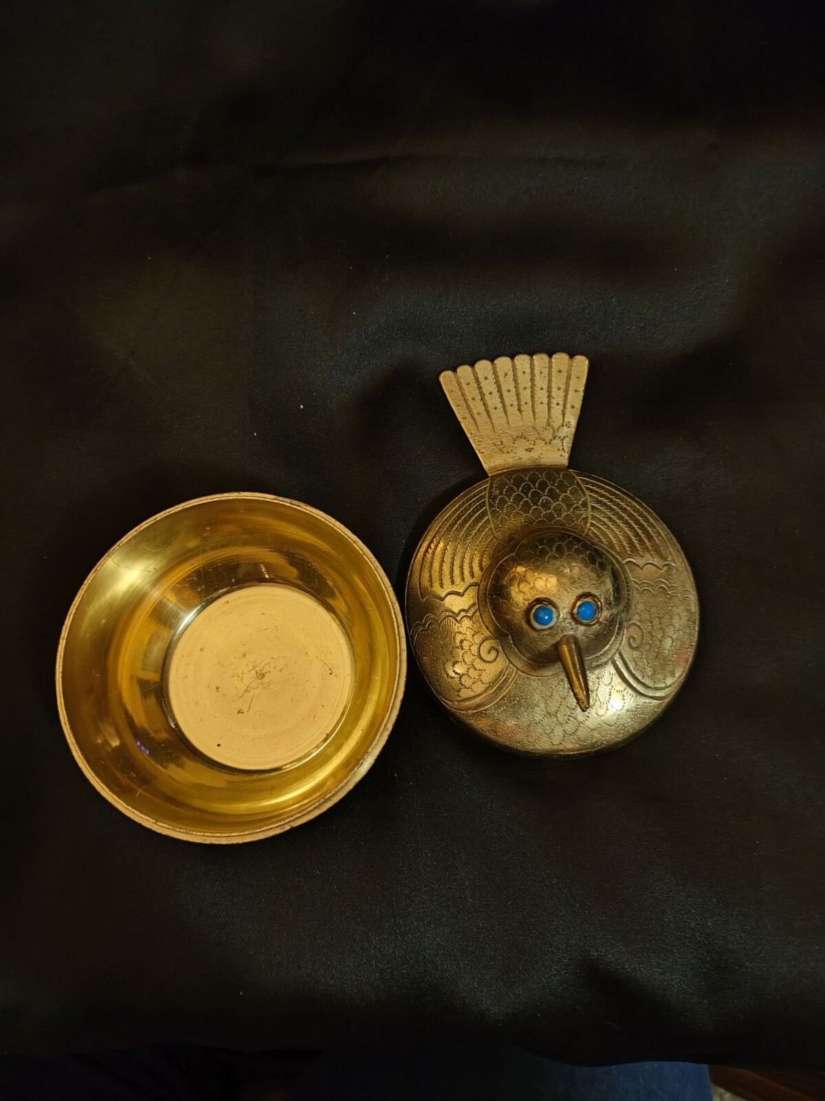Brass Bird Trinket Box With Blue Stone Eyes Decorative Lid Vintage Design Handcr