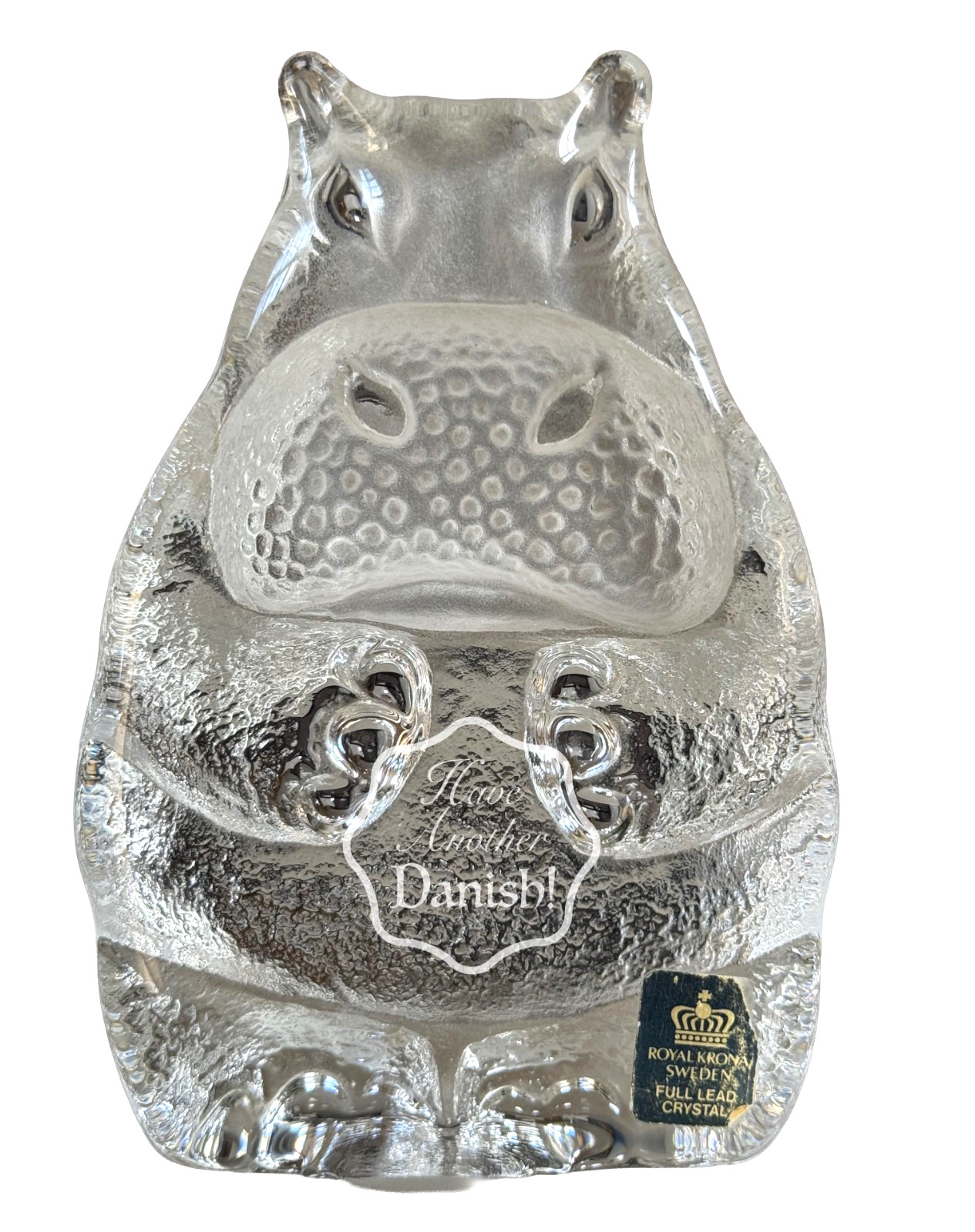 Sweden Glass Hippo Zoo Paperweight ROYAL KRONA Crystal Swedish 5”H Textured