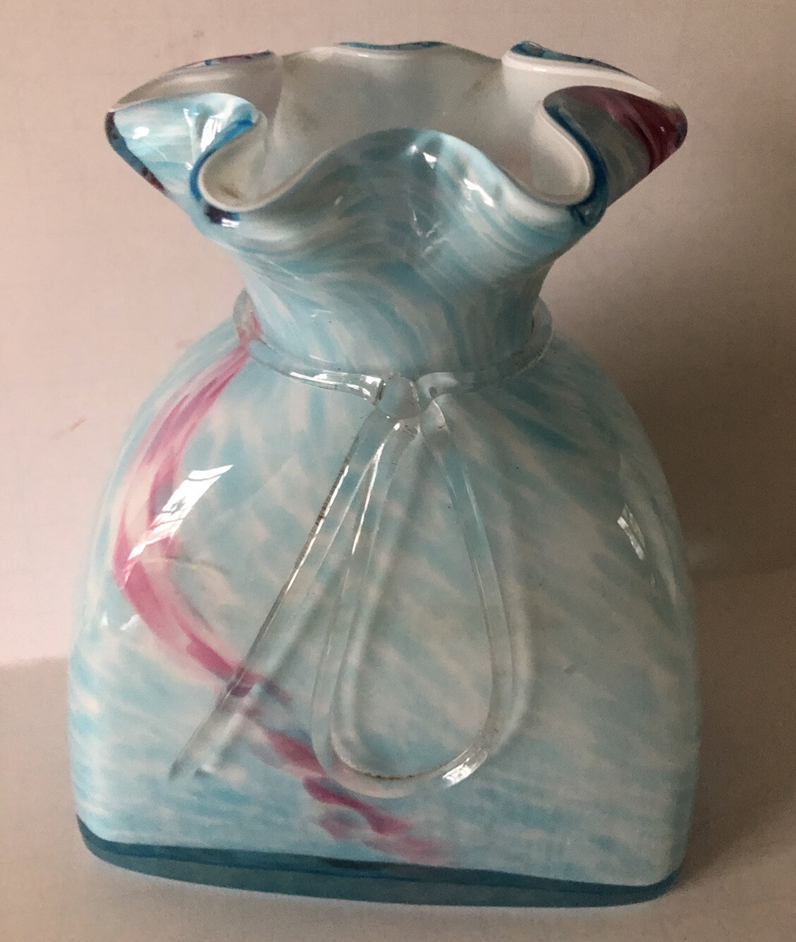 Studio Art Glass Milk Pink Turquoise Blue Vase with Ruffled Top & Ribbon