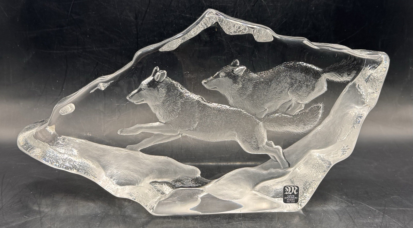 Mats Jonasson Wolves Crystal Sculpture Sweden Signed Full Lead 3D Art Etched