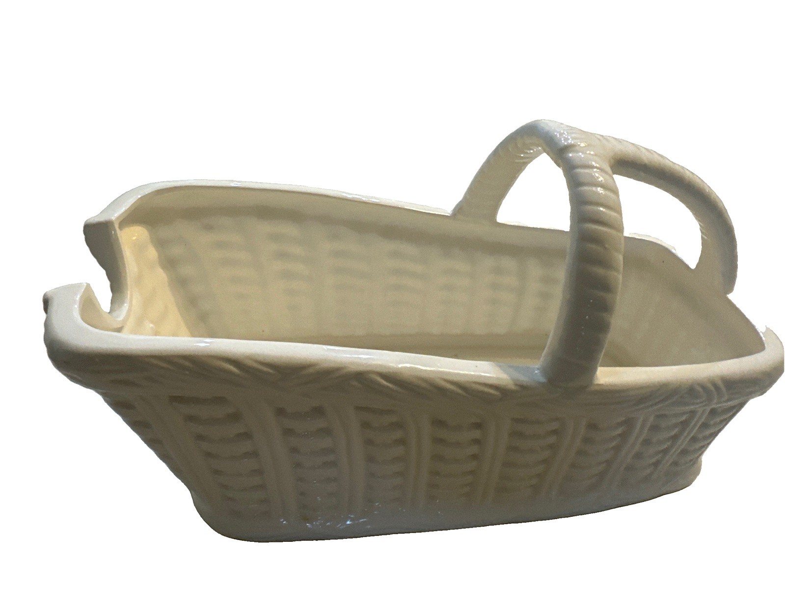 Nancy Lopez Vintage Ceramic White Basket 1981. T Style Handle. Woven Pattern