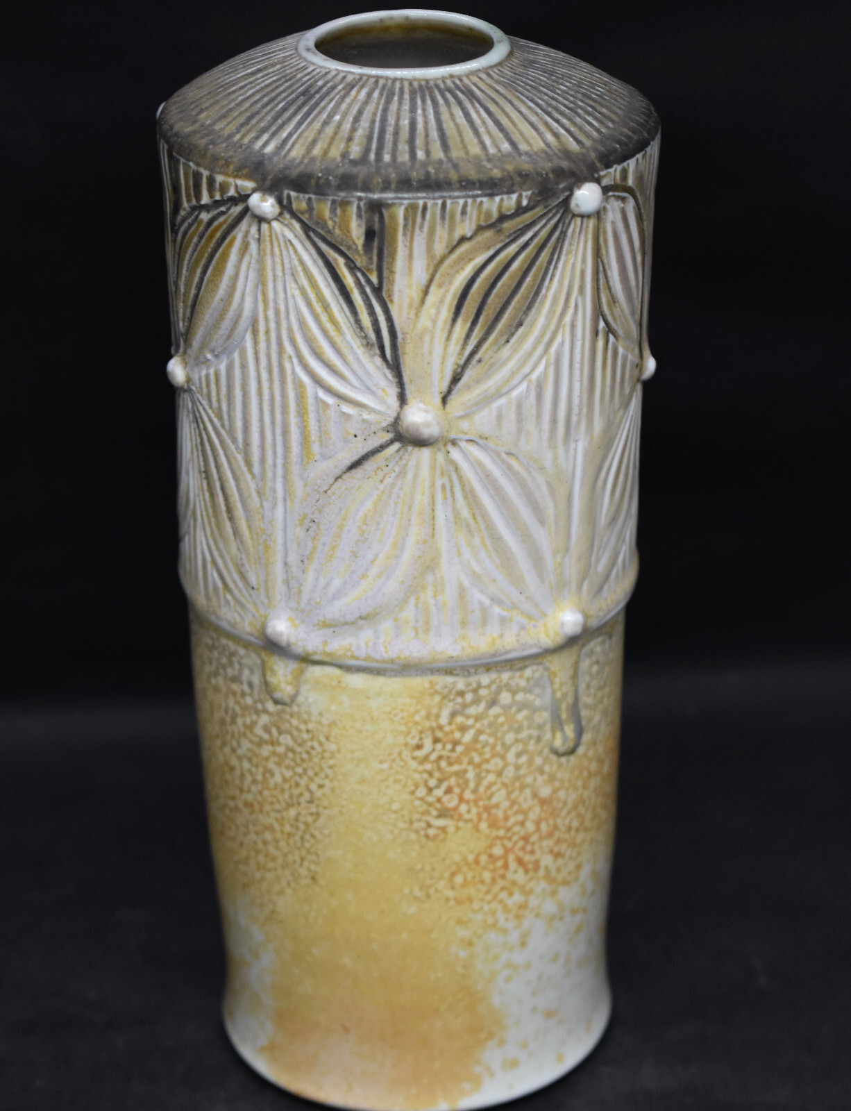 Studio Pottery Vase Incised Flower Petals Beads Exceptional Quality Signed CP