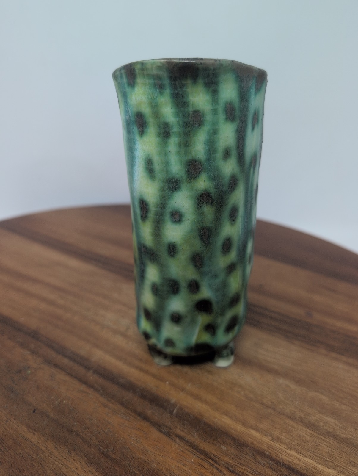 Green Whimsical Footed Polka Dot Studio Pottery Slab Vase Signed 2010
