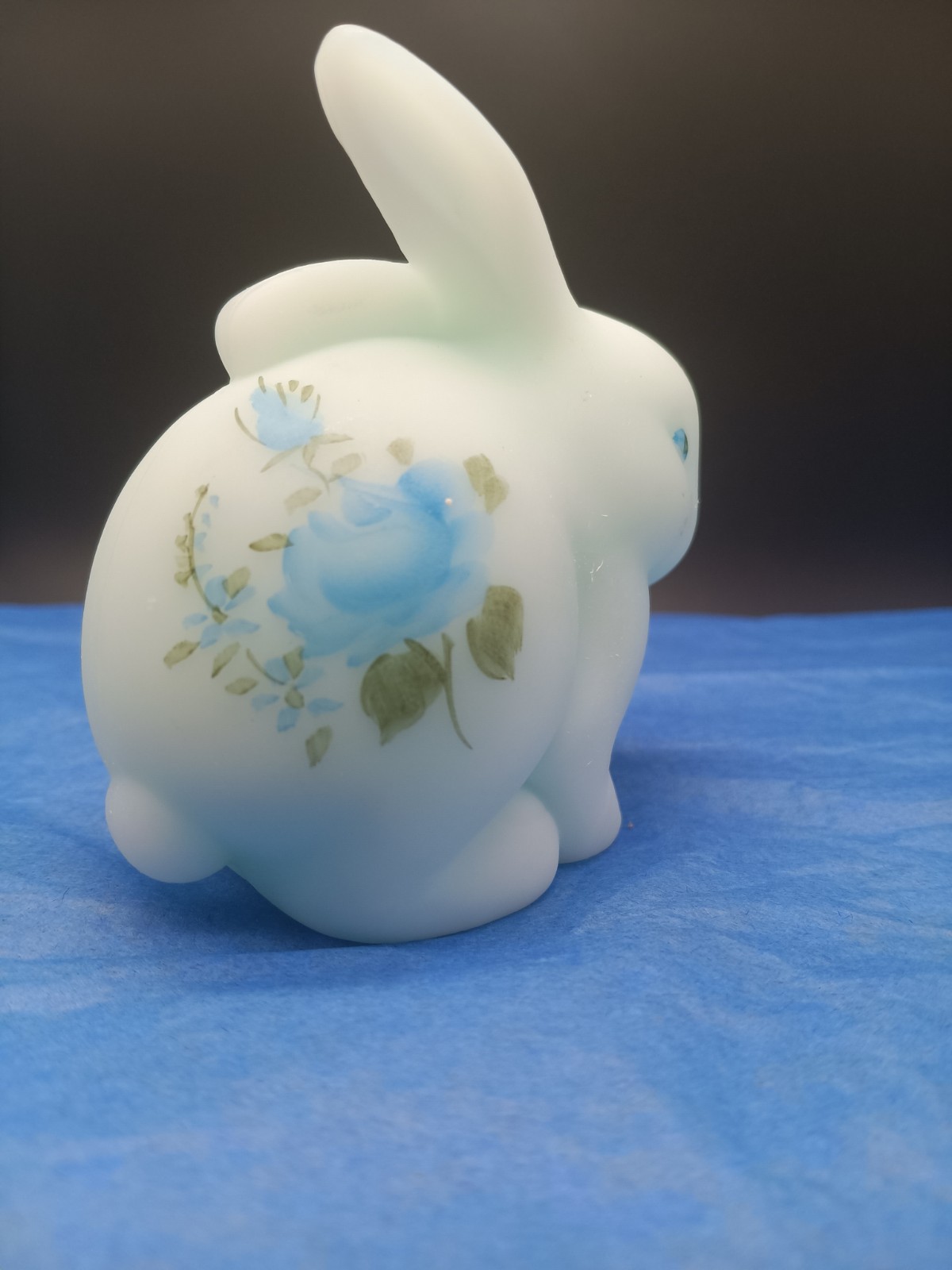 Fenton Hand Painted Signed Blue Satin Glass Rabbit Figurine