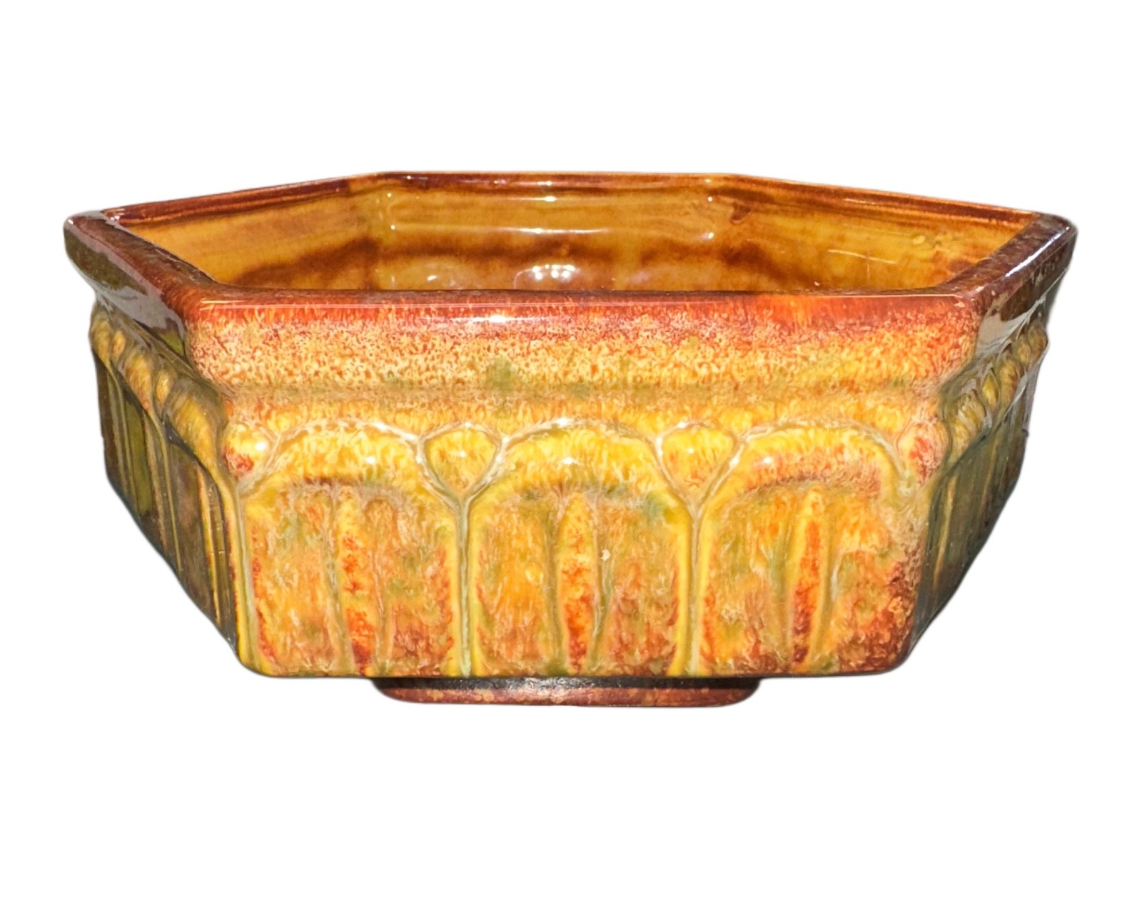 Haeger Pottery Planter Hexagon Rust Drip Glaze and Green 4 1/8 x 9 3/4”