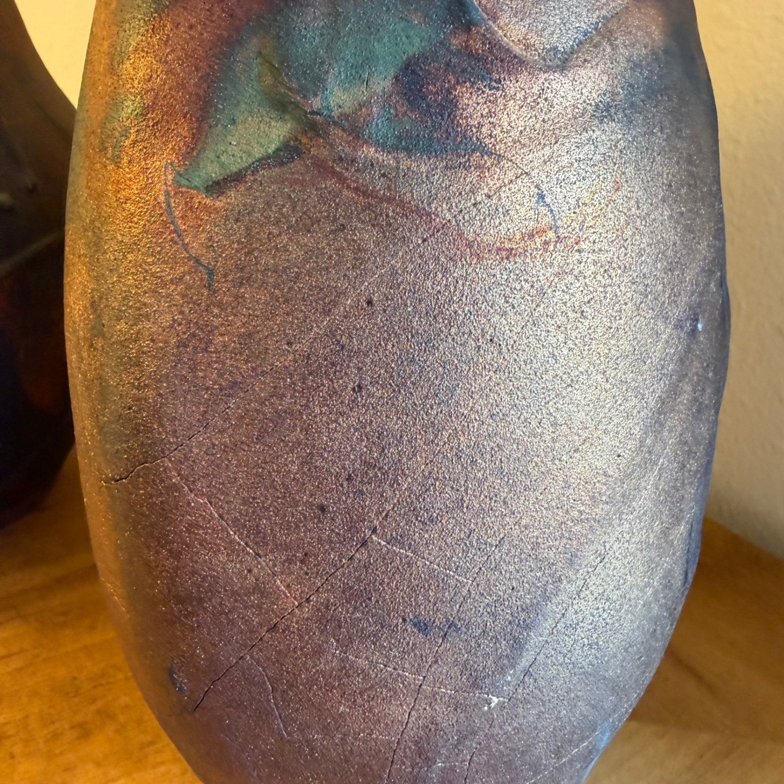 Signed Studio Pottery Vase Set Raku Style Iridescent Blue Purple Art Pottery