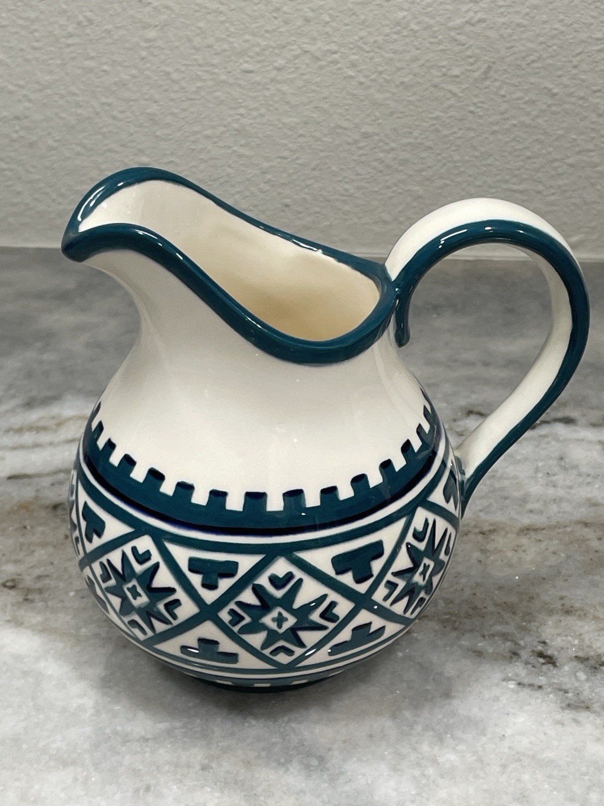 Vintage Hand Painted Ukrainian Folk Art Pottery Pitcher Vase Geometric M.W.