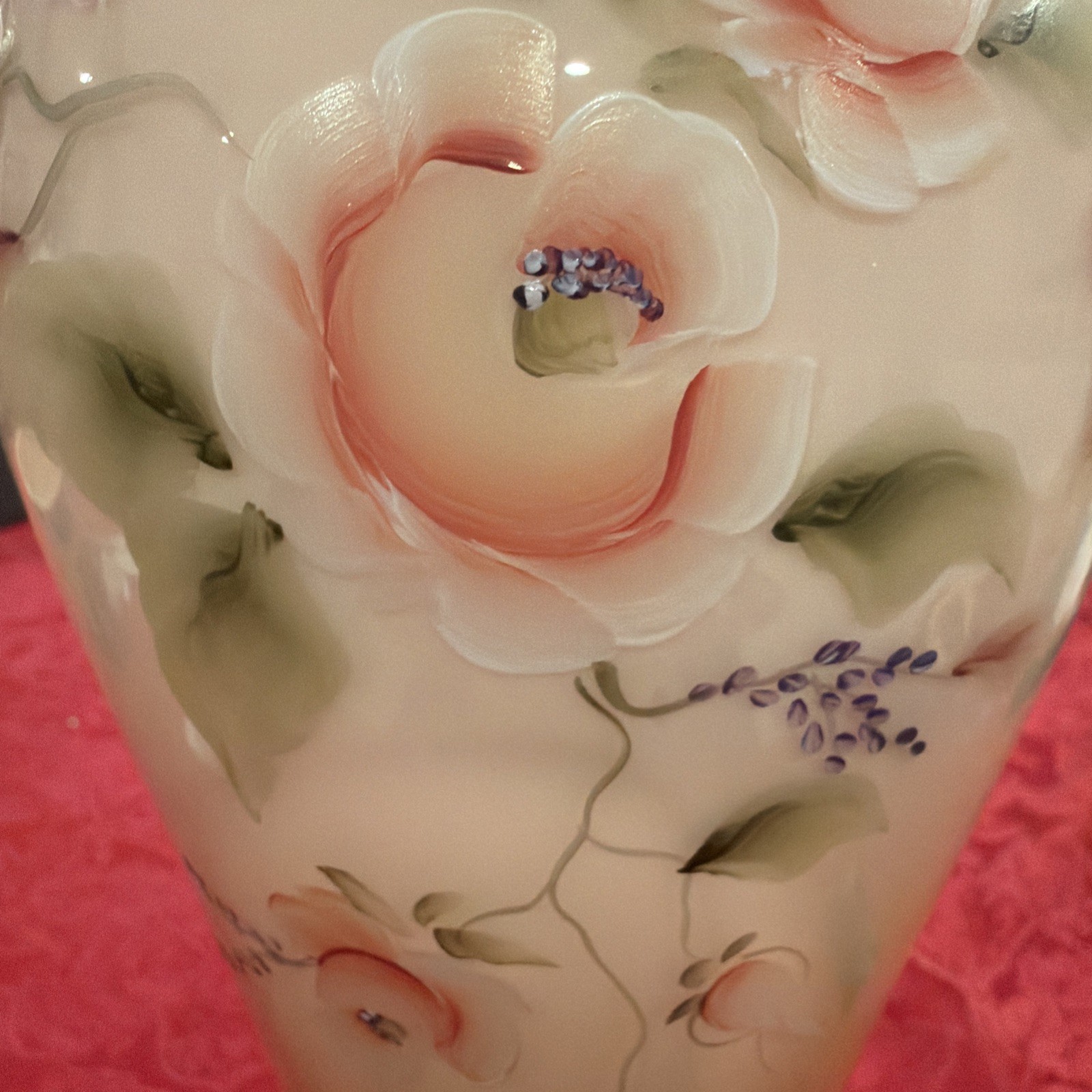 Fenton Satin Sunset Overlay Hand Painted “Princess Roses” Vase Signed Ex Cond