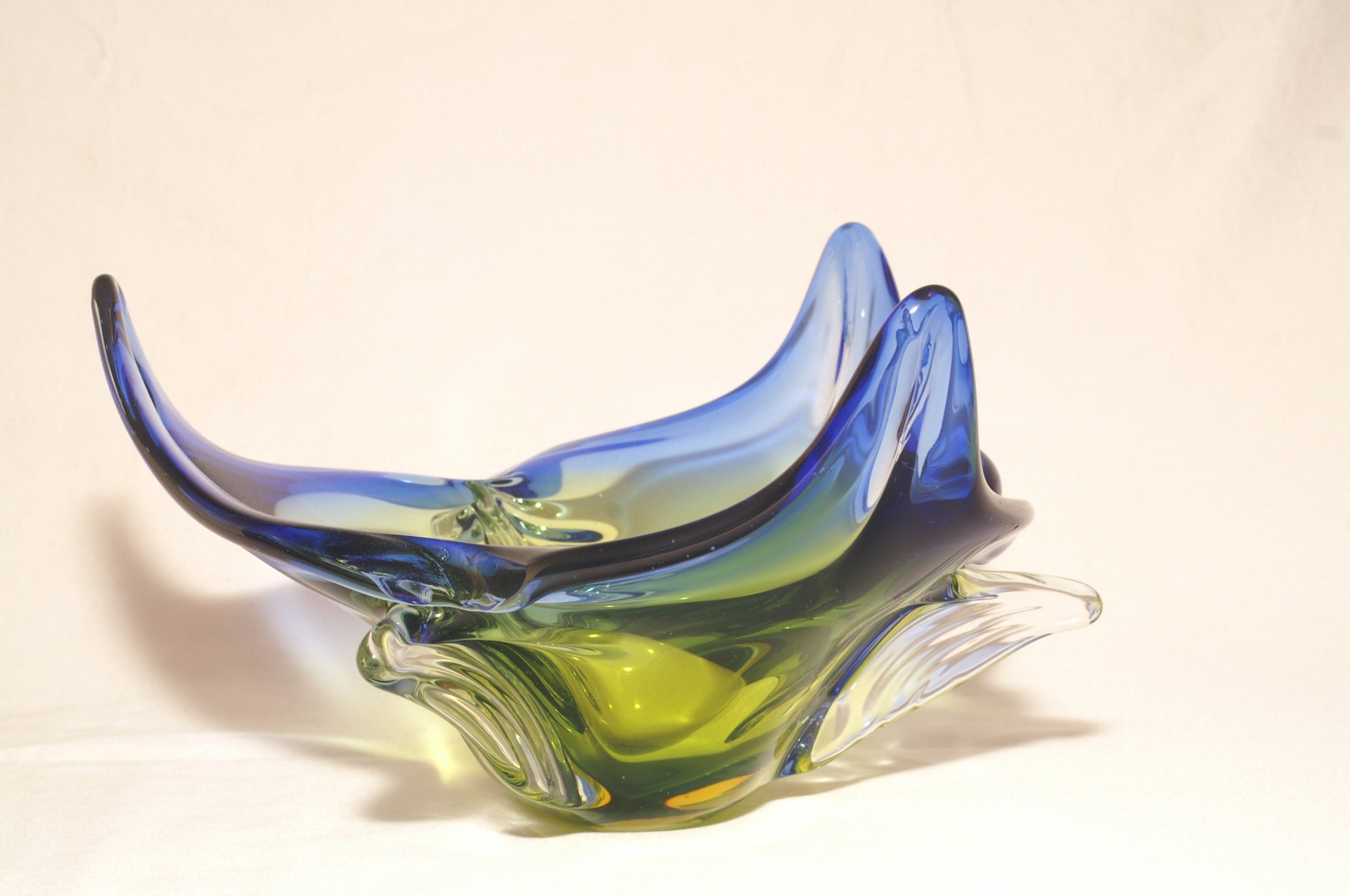 Chribska Glassworks Bohemian Uranium Green Blue Triangle Flower Bowl UV Glow