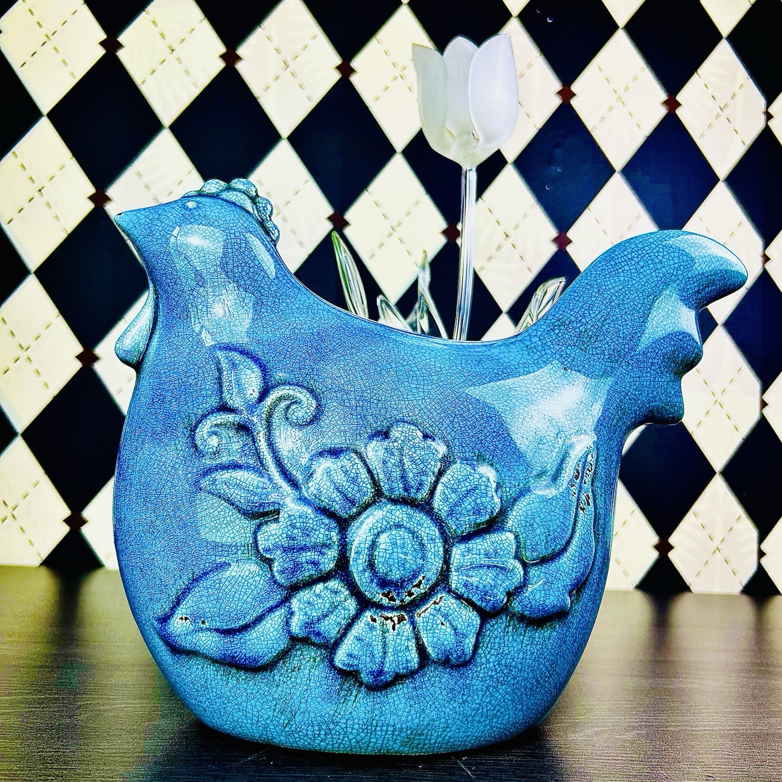 Large Danish Midcentury 13″ Ceramic Hen 1960s Turquoise Crackle Glaze Sculpture