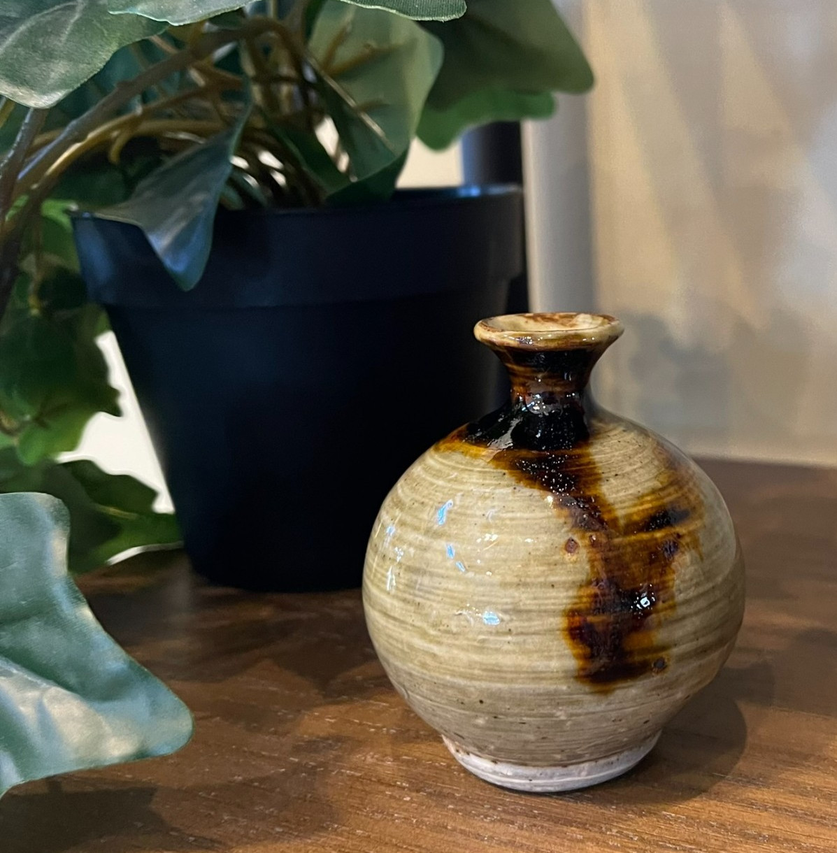 Handmade Studio Pottery Mini Bud Vase Brown Cream Marbled Pot Unsigned