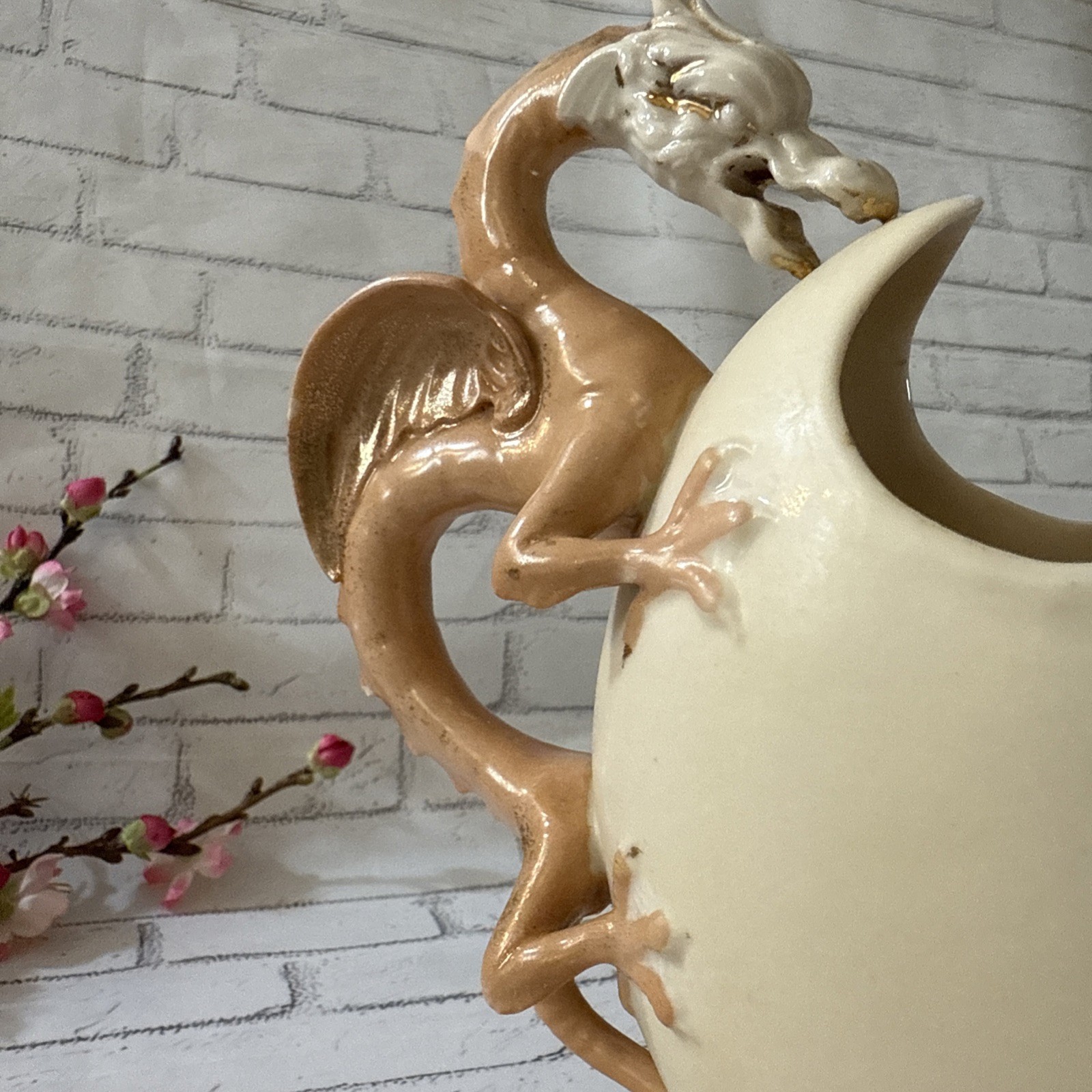 Rare! VTG Ceramic Ewer with Dragon Handle, Floral Design 9.75” Vase 1930-50 s