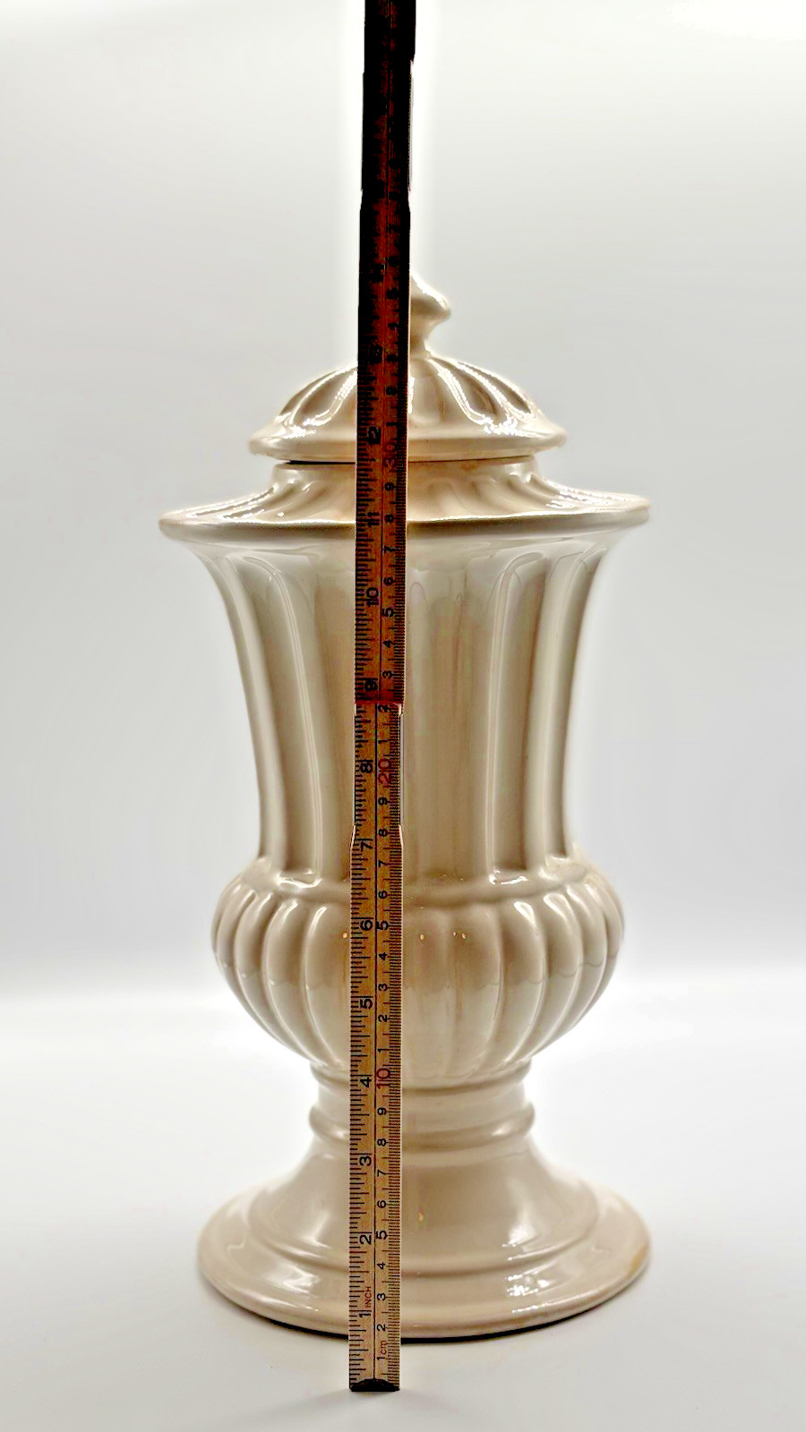 Godinger Ceramic Covered Urn Ivory Ginger Jar Fluted Pedestal Lidded 14.5″