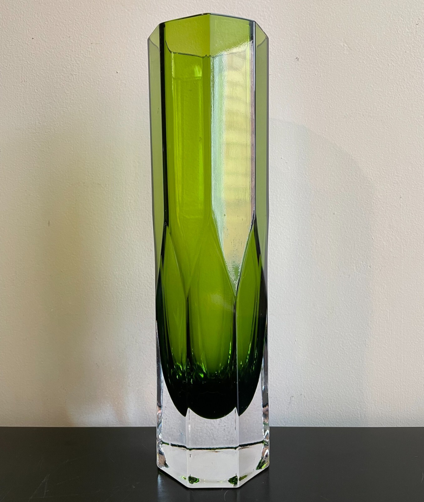 Green Faceted Glass Vase Lindshammar Sweden Designed by Gunnar Ander 10″ H