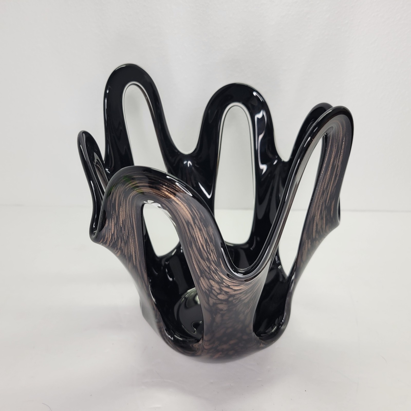 Vintage Zorza Poland Handmade Black Candle Vase With Copper Adventurine Decor