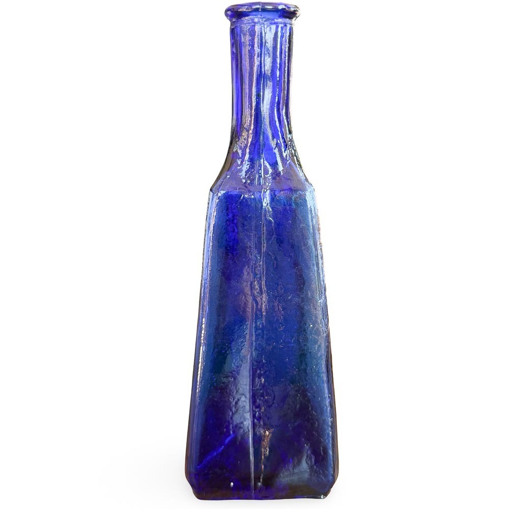 Vintage Cobalt Blue Triangular Glass Bottle Vase 9.5″ Geometric Decor