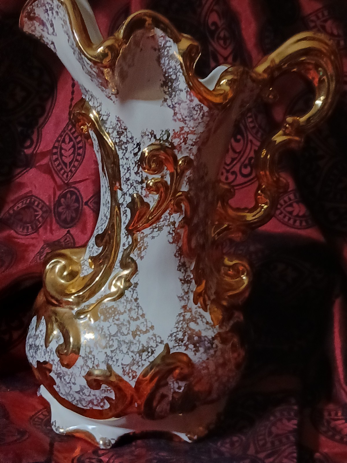 Rare Antique Ornate White Ceramic Gold Gilded Pitcher Vase 10.5 in