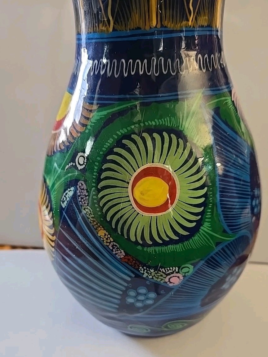 VTG Red Clay Pottery Vase Folk Art Hand Painted Birds Mexico Terracotta