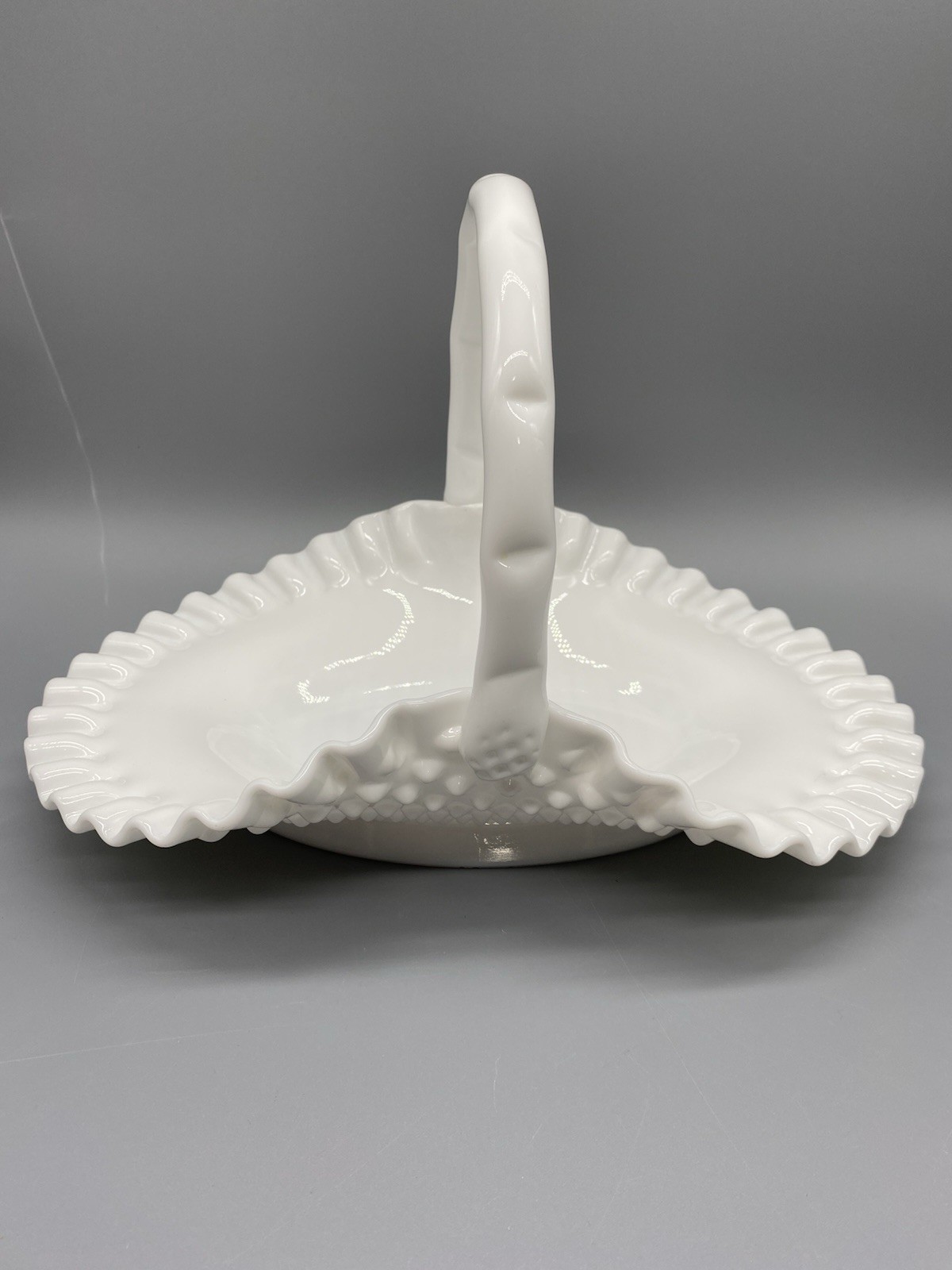 Vintage Fenton 12-1/2″ White Milk Glass Hobnail Basket Wedding Flower Basket