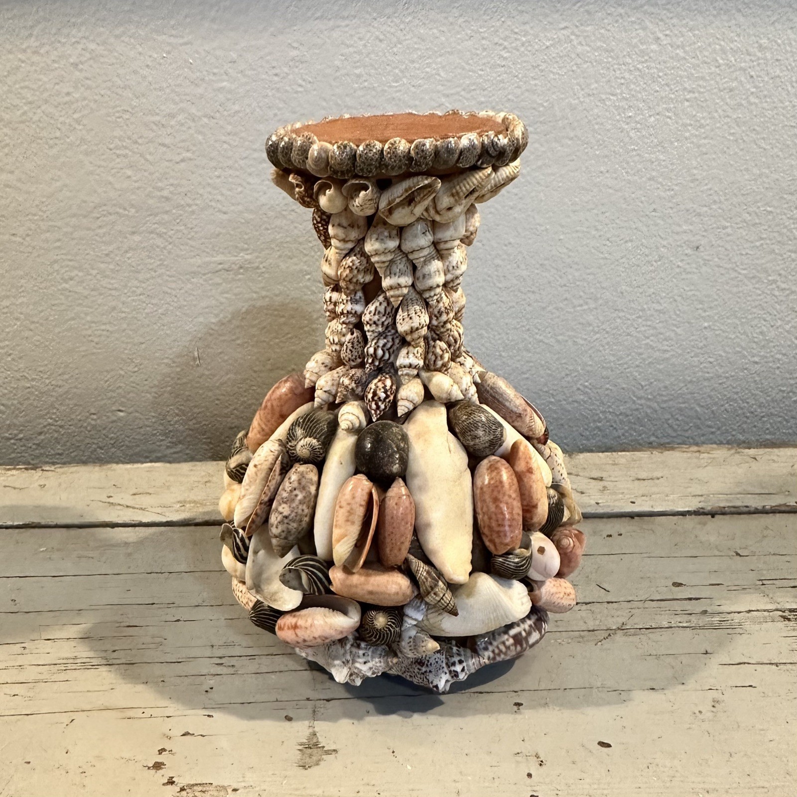 Vtg Sea Shell Terracotta Vase Textural Folk Kitschy Boho Artisan Encrusted 5inch
