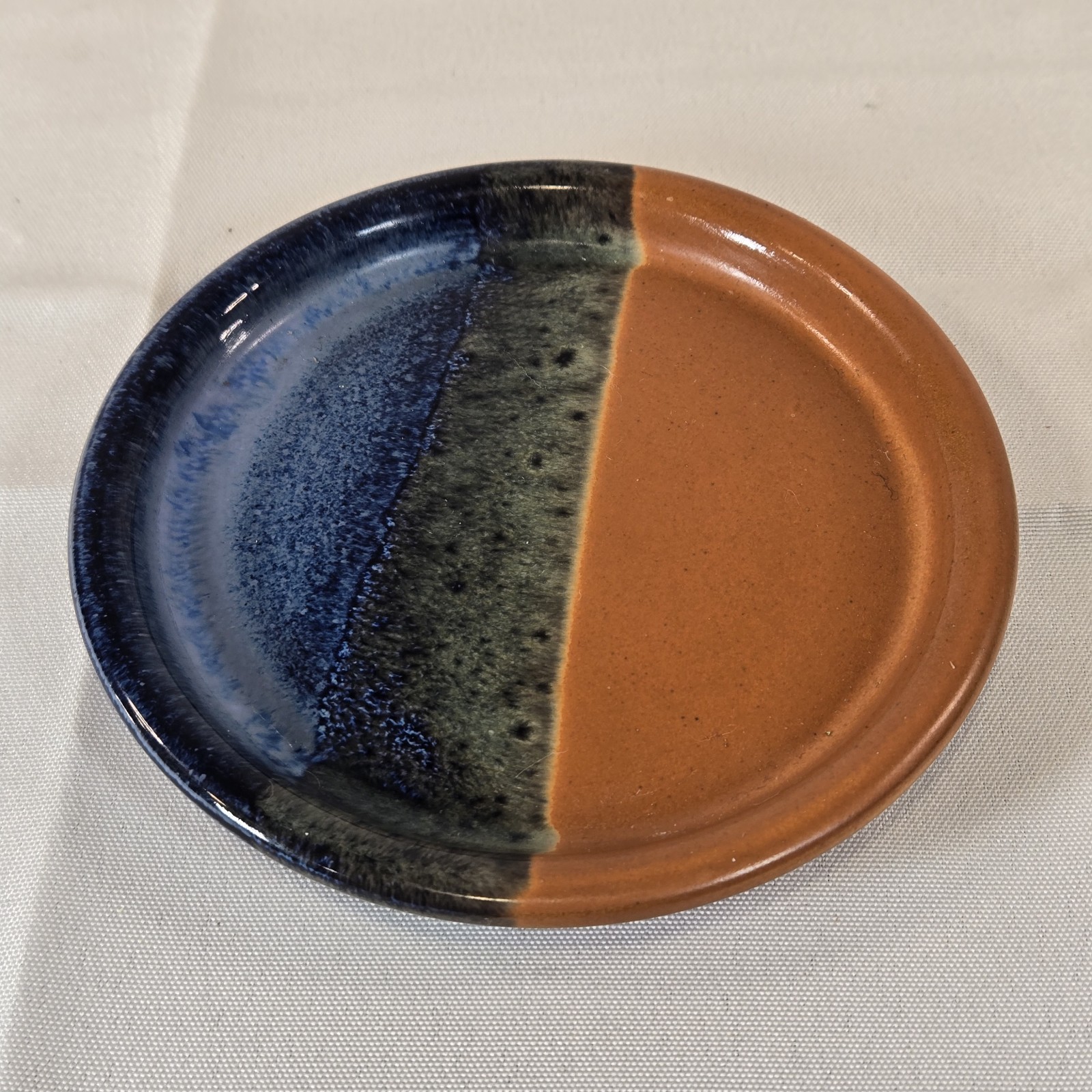 Vtg Handmade Coaster/Candle Holder Earth Tones Abstract Glaze Pattern