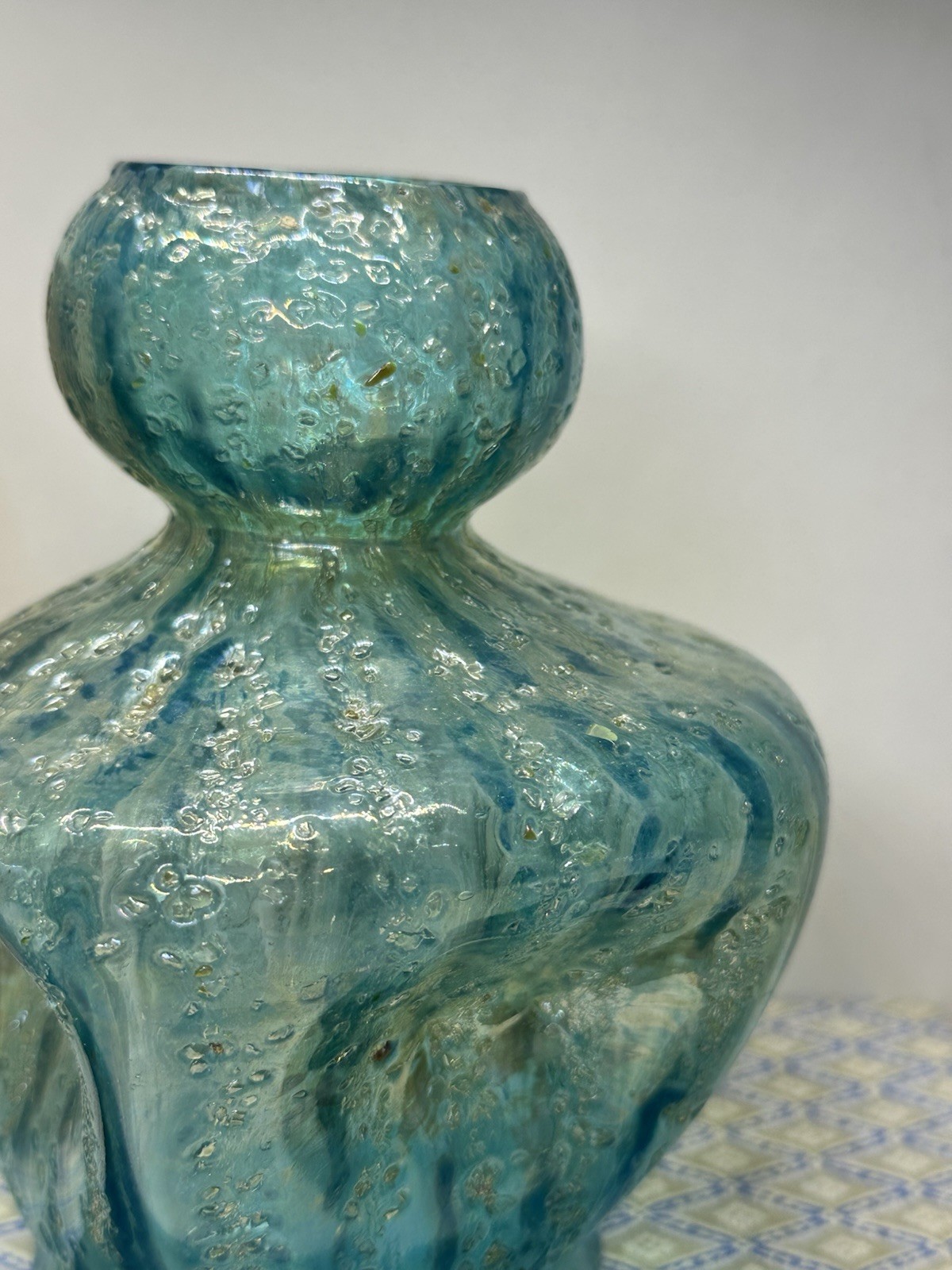 Antique Dugan Glass Iridescent Blue/Green Sq Vase-Round Pinched Early 1900’s 6″