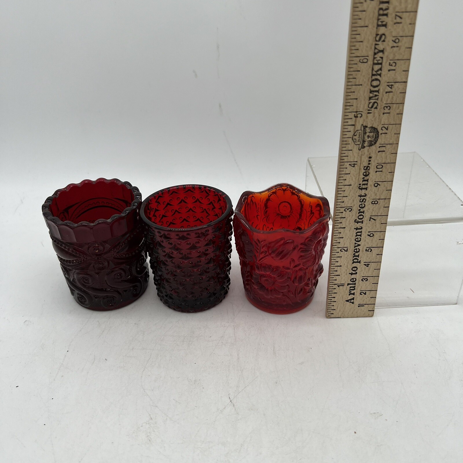 Vintage Amberina Cadmium Glass GLOW Three Toothpick/Candle Holders Eye Winker