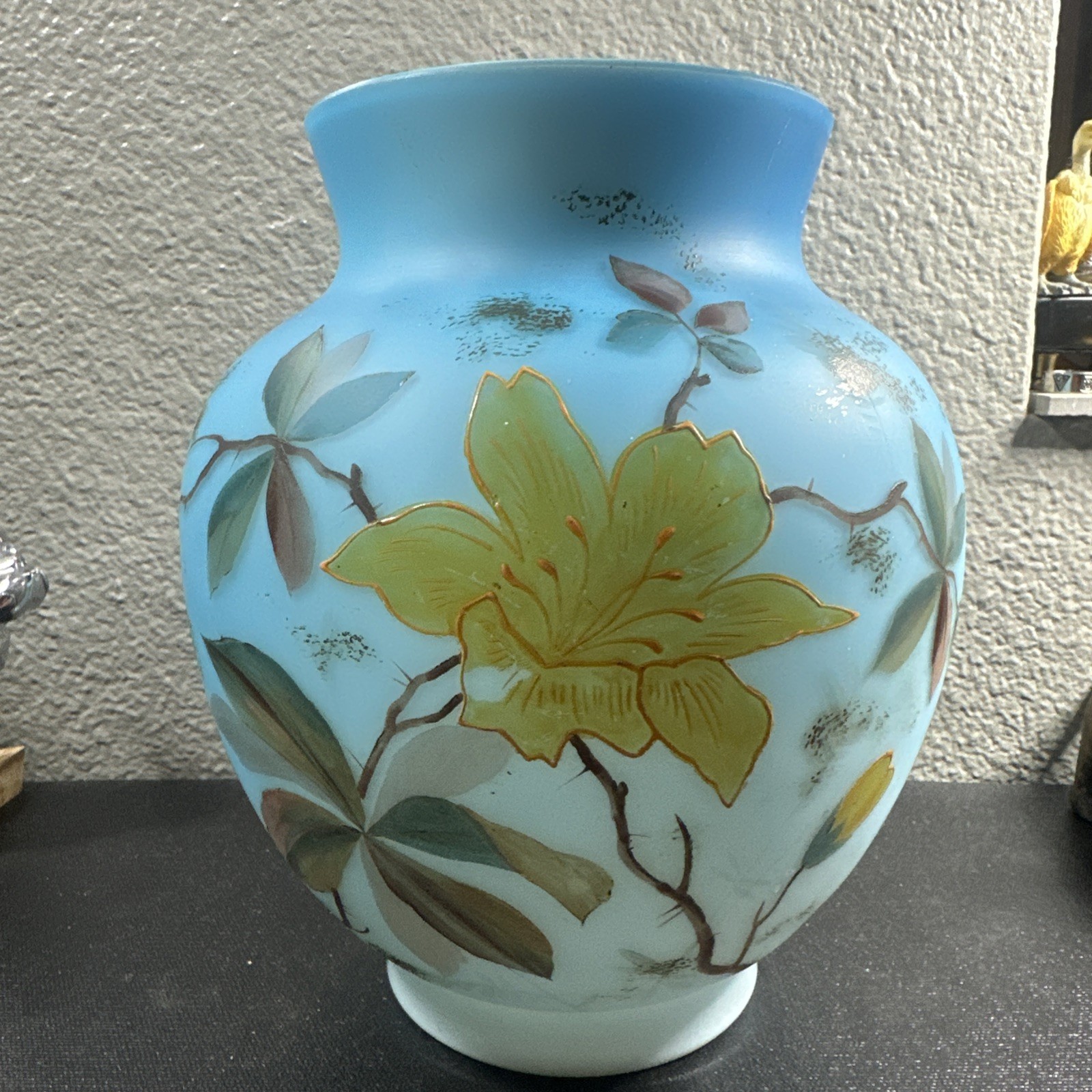 Antique WEBB Robin’s Egg Blue hand painted Glass Vase FLORAL 9”x8”