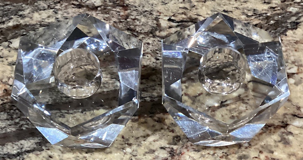 TWO(2) ROSENTHAL GERMANY CLEAR FACET CUT CRYSTAL CANDLE TAPER HOLDERS 1 3/4”T