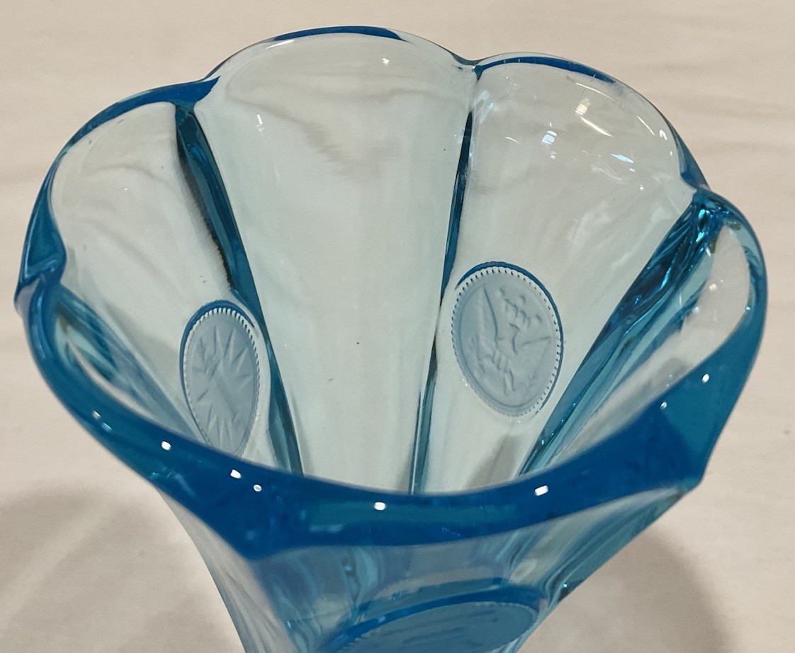 Vintage Fostoria 8” Blue Coin Glass Bud Vase, Excellent Condition!