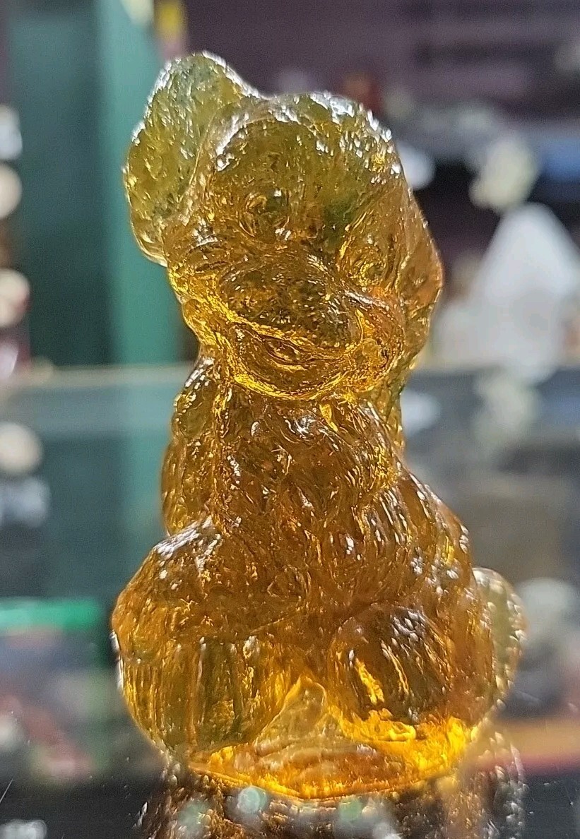 BOYD ART GLASS 3.25″ SKIPPY TERRIER PUP DOG PAPERWEIGHT AMBER VASELINE GLOWS