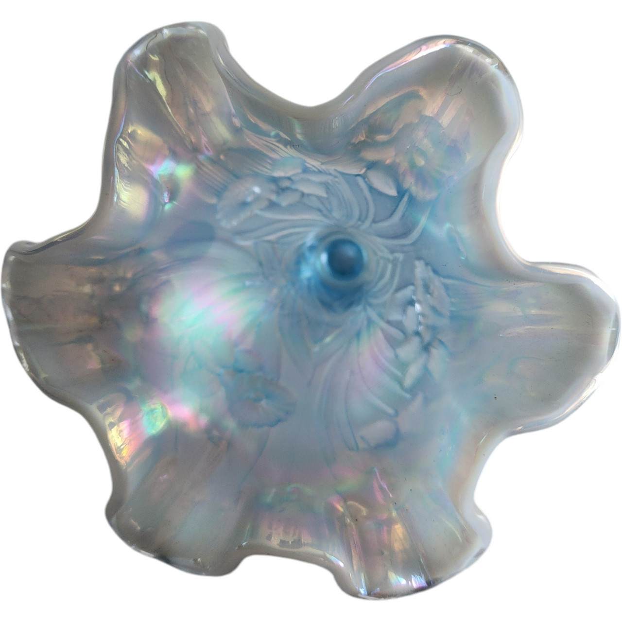 7″ Fenton Art Glass Misty Blue Satin Opalescent Iridescent Daffodil Footed Fl…