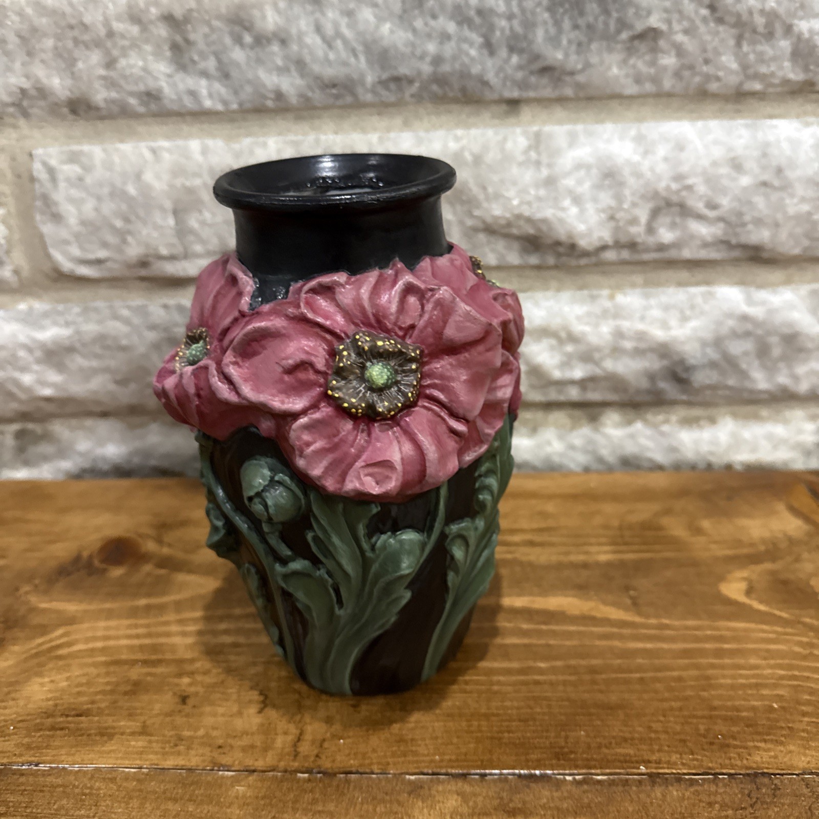 Vintage TIFFIN GLASS 1930s Art Nouveau Black Satin Glass Coralene Red Poppy Vase