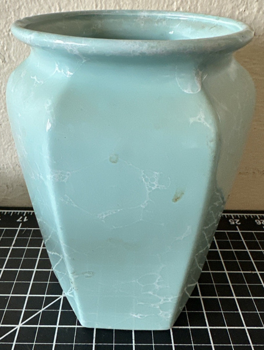 VINTAGE light blue white crackle effect ART DECO pottery vase glossy glaze vgc