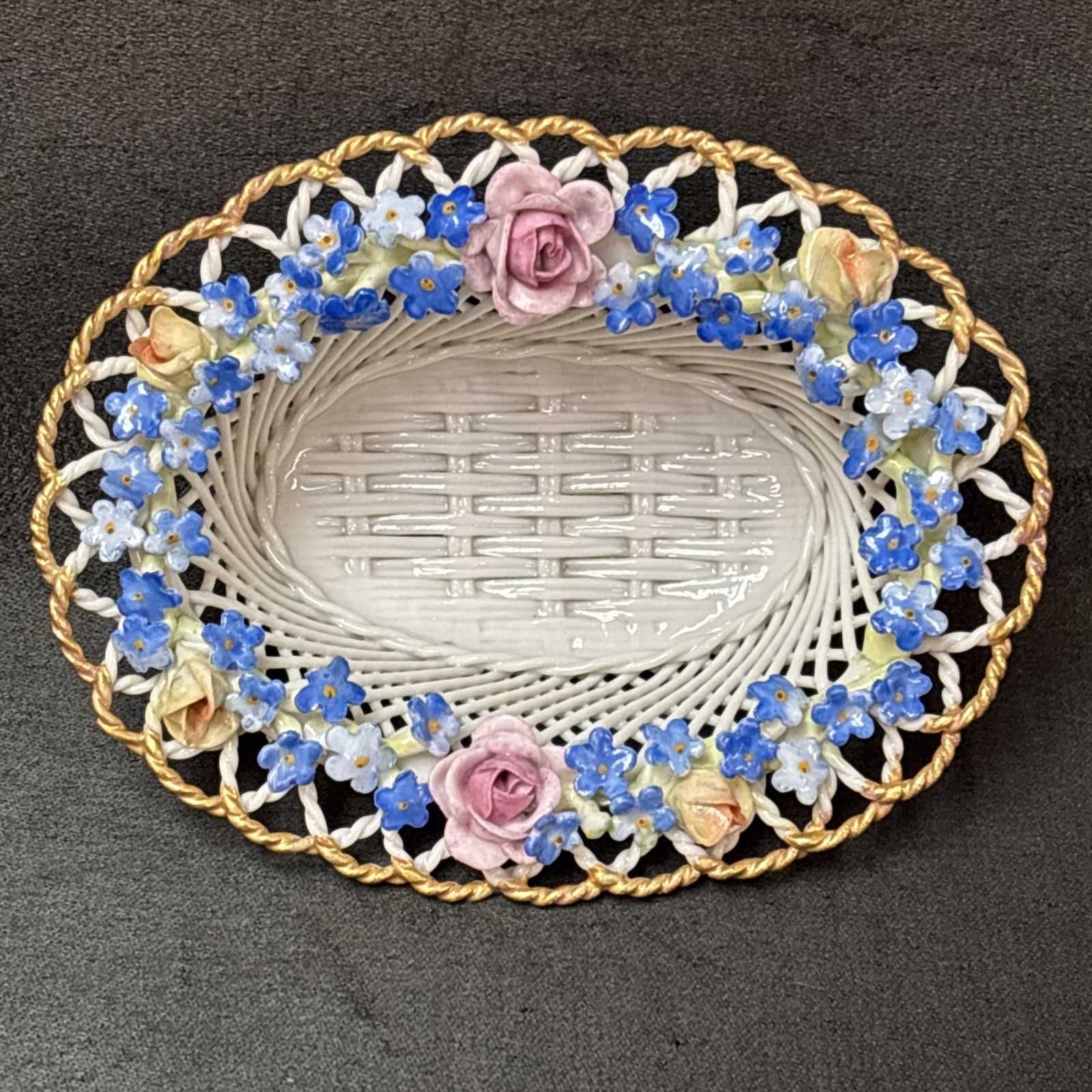 Antique Von Schierholz Woven Porcelain Basket FORGET ME NOT ~ F