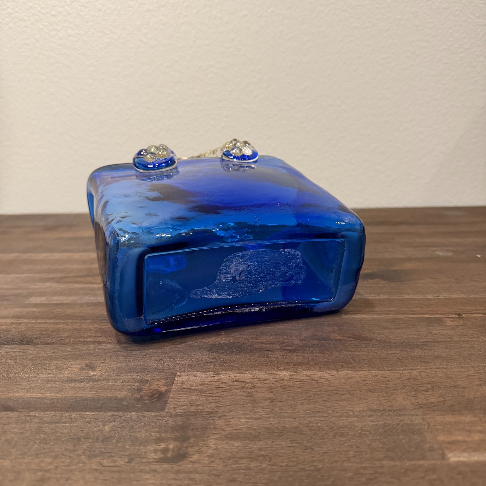 Vintage Cobalt Blue Blown Glass Purse Handbag Bag Vase, Clear Swirl Handles
