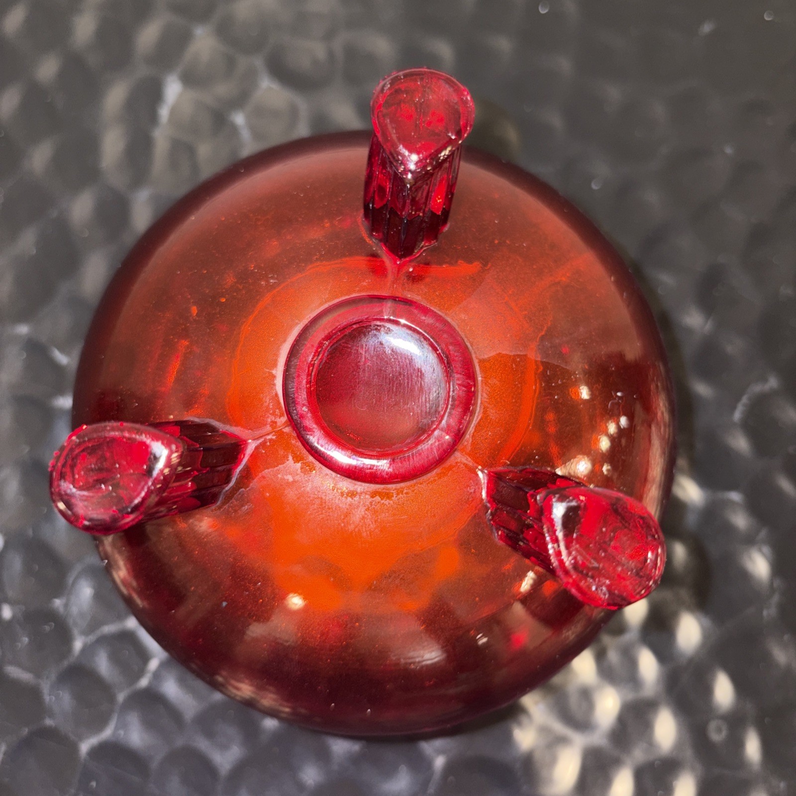 Large Vintage MCM Early Viking Glass Tree Bark Legs 5 1/2”Red Flowerlite No Frog