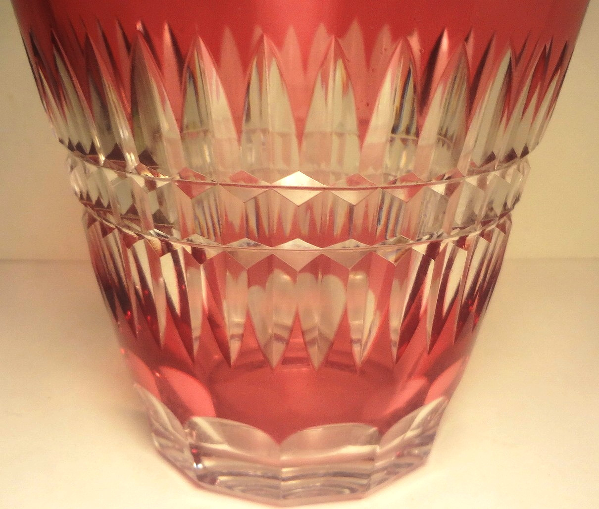 VAL ST. LAMBERT signed CRANBERRY CUT to CLEAR GLASS VASE-SMALL ICE BUCKET -NICE!