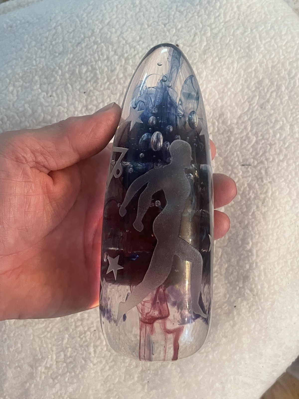 Lg Unusual Rare Duncan McClellan Art Glass Paperweight Etched Man Stars Symbols