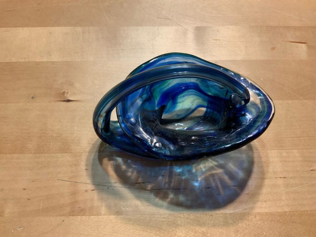 Vintage Blue Glass Vase With Handle 3 inches high 4 1/2 inches long
