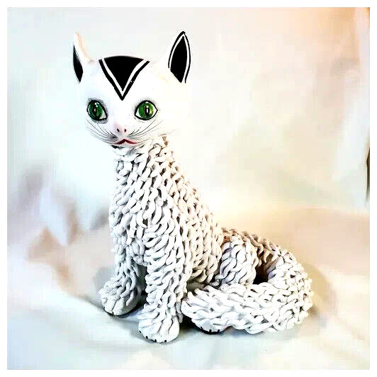Mid 20th Century “Spaghetti Cat” Hand Painted Italian Glazed Pottery Statue 11″