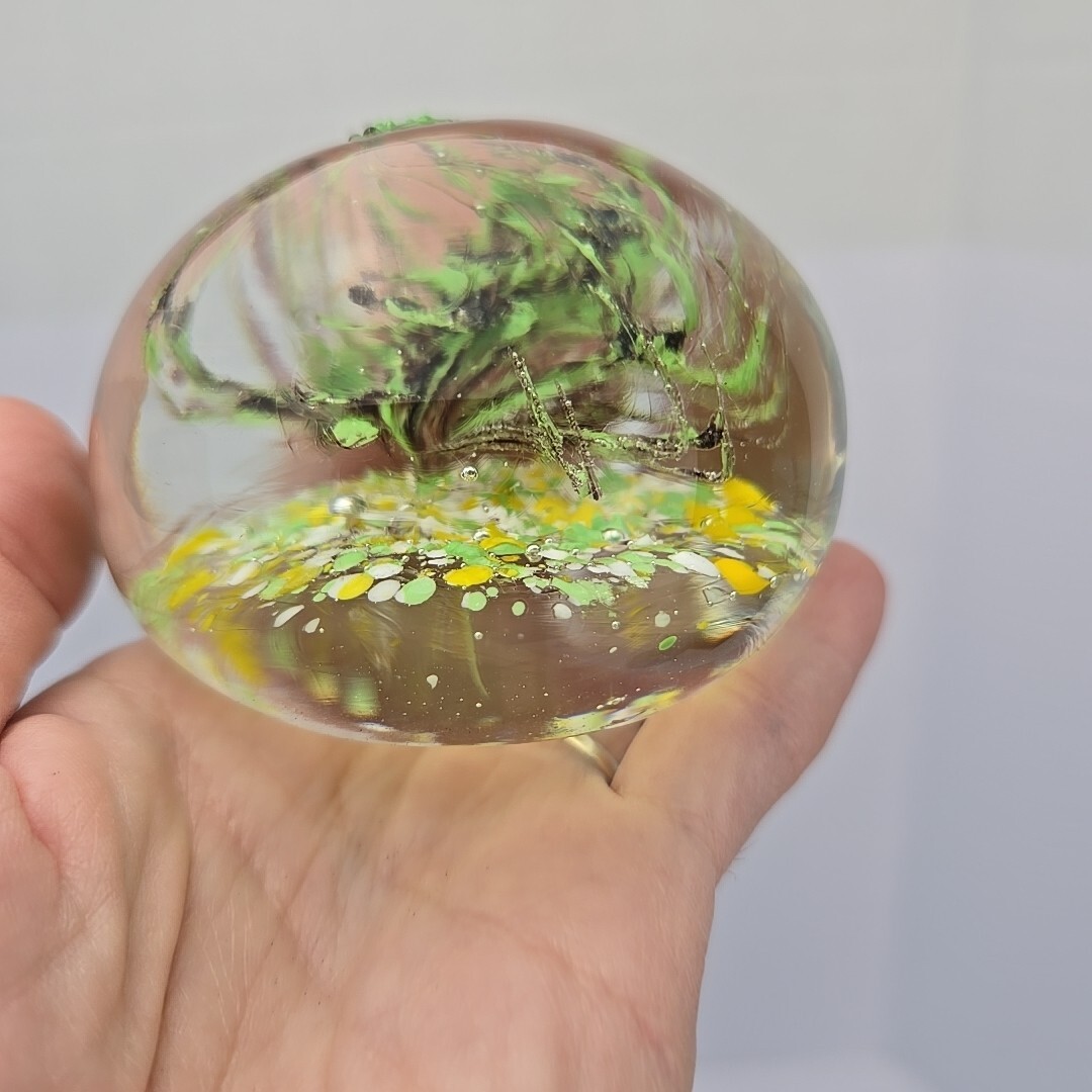 Vtg Art Glass Paper Weight With Green Shrimp Yellow, White & Green Brown Swirl