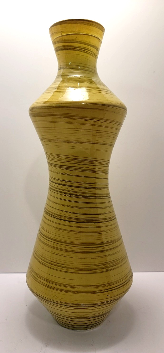 Vintage Pier 1 Imports Avocado Green Striped Glass Vase MCM 16″
