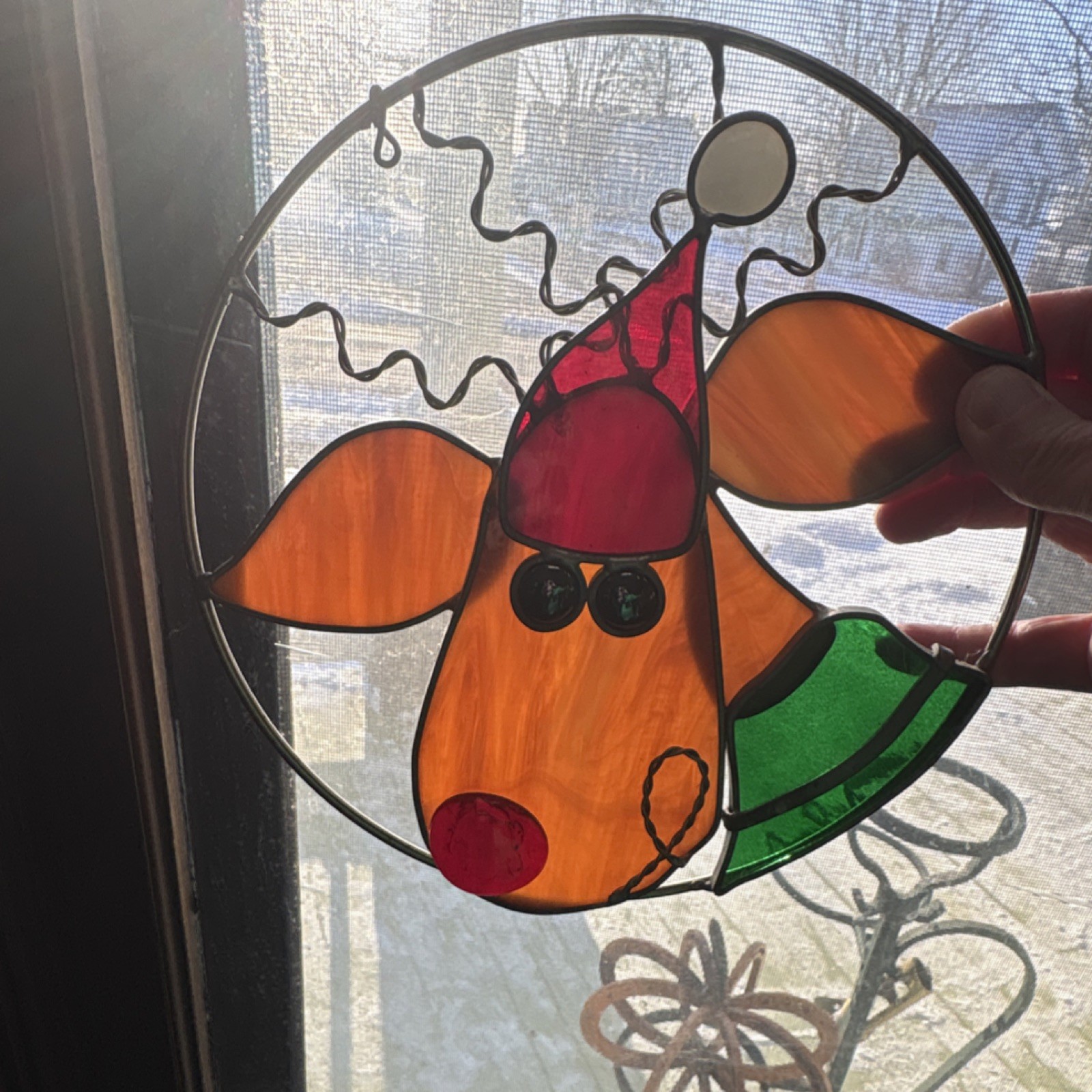 Stained Glass Rudolph Reindeer Christmas Suncatcher Vintage Decorative Art
